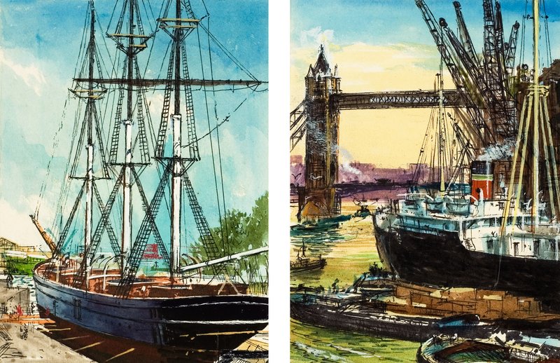 Een groot schip in de benedenloop van de Theems en een door stoom aangedreven vrachtschip bij Tower Bridge (gouache op papier) door John S. Smith