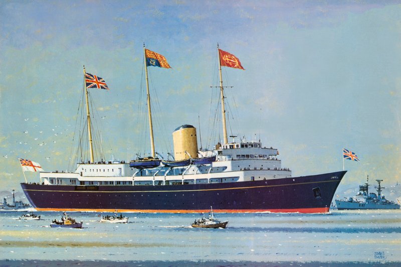 Britannia, drijvend huis van koningin Elizabeth II en prins Philip (kleurenlitho) door John S. Smith