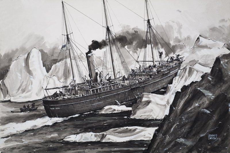 De Roosevelt smakt door ijs om bij de Noordpool te komen (gouache op papier) door John S. Smith