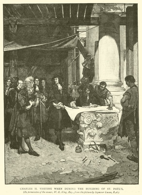 Karel II bezoekt Wren tijdens de bouw van St. Pauls door John Seymour Lucas