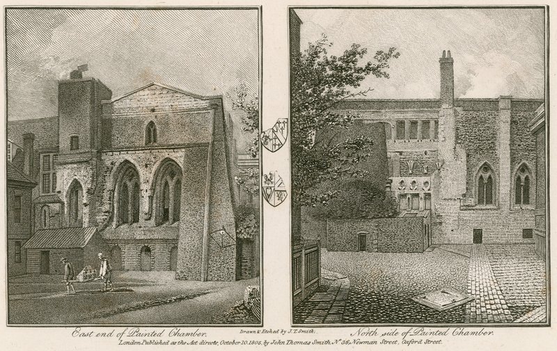 Oostkant (links) en noordzijde (rechts) van de Beschilderde Kamer, Westminster Palace door John Thomas Smith