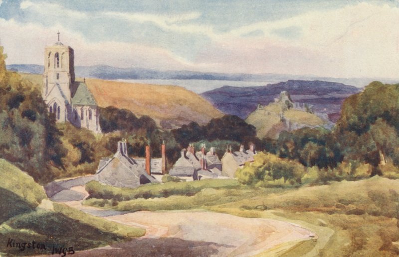 Kingston, met ver uitzicht op Corfe Castle (kleurenlitho) door John W.G. Bond