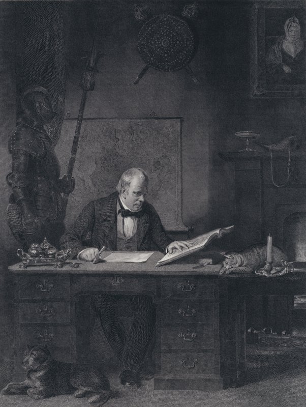 Sir Walter Scott in zijn studeerkamer (gravure) door John Watson Gordon