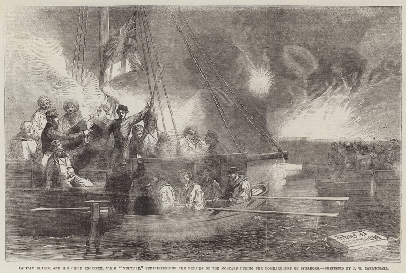 Kapitein Glasse en zijn Hoofdingenieur, HMS Vulture, toezicht houdend op de Reparaties van de Mortieren tijdens het Bombardement van Sveaborg door John Wilson Carmichael