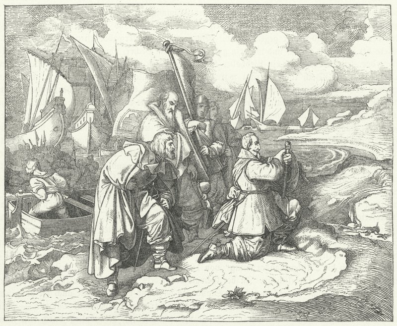 Gustaaf Adolf van Zweden landt in Duitsland om deel te nemen aan de Dertigjarige Oorlog door Josef Mathias (after) Trenkwald