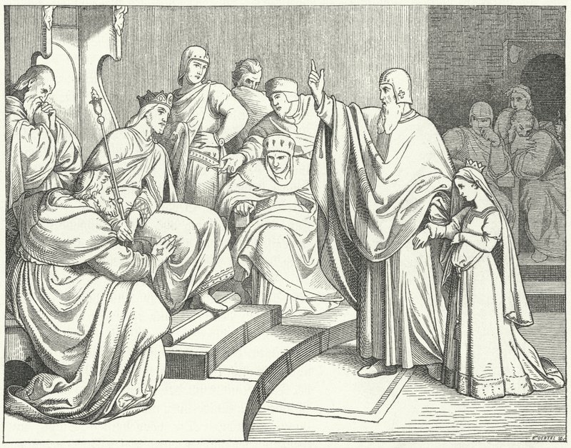Beatrice van Hohenstaufen vraagt koning Otto IV van Duitsland om de moord op haar vader, Filips van Zwaben, te wreken door Josef Mathias Trenkwald