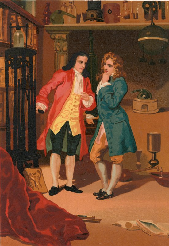 Robert Boyle en Denis Papin inspecteren Papin