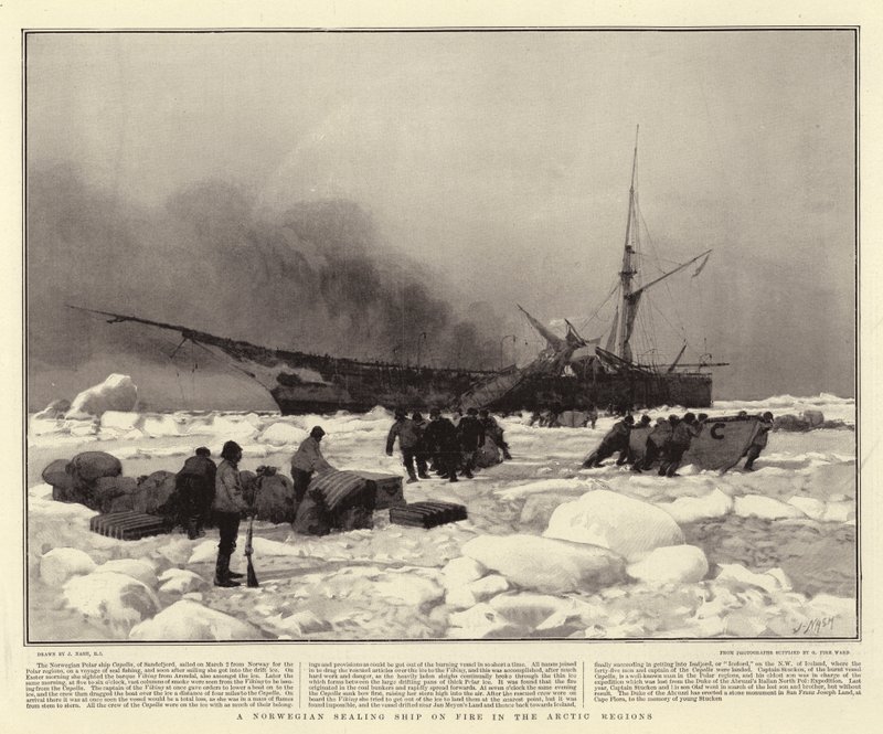 Een Noors zeehondenschip in brand in de Arctische gebieden door Joseph Nash