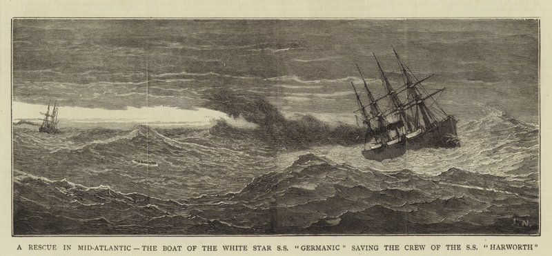 Een redding midden op de Atlantische Oceaan, de boot van de White Star SS Germanic redt de bemanning van de SS Harworth door Joseph Nash