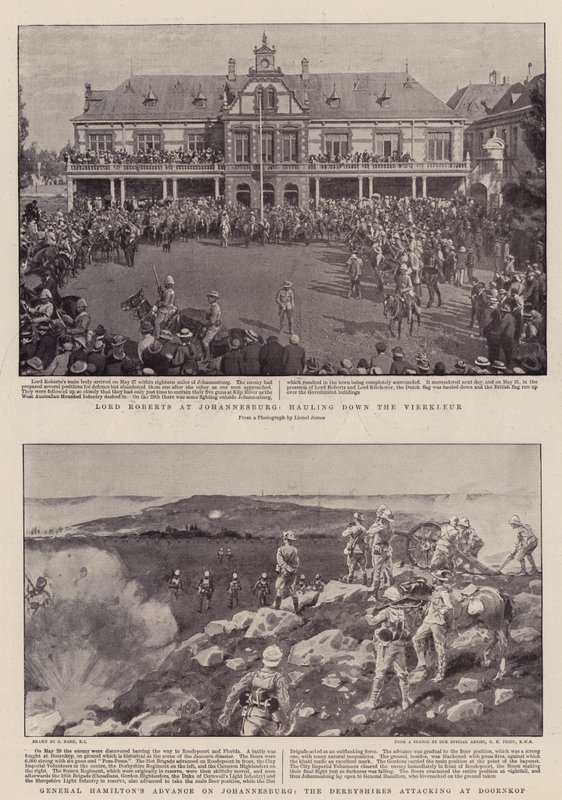 Lord Roberts in Johannesburg, het neerhalen van de Vierkleur, de opmars van generaal Hamilton naar Johannesburg, de aanval van de Derbyshires bij Doornkop door Joseph Nash