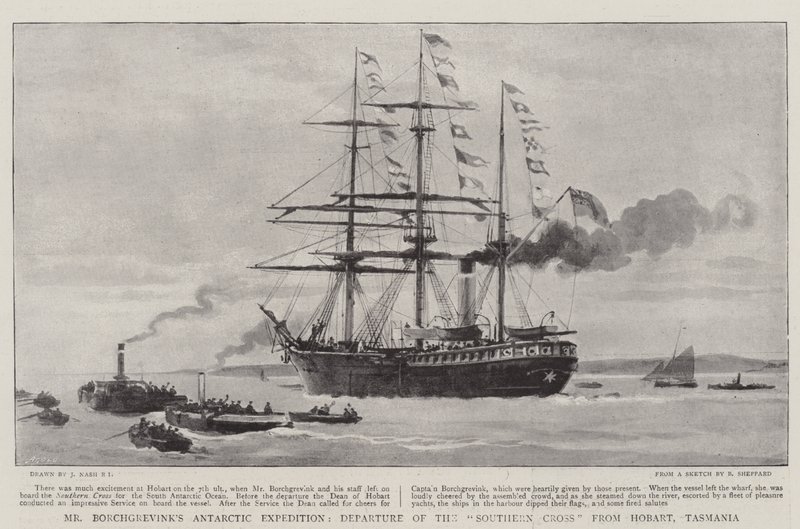 De Antarctische Expeditie van de Heer Borchgrevink, Vertrek van de Southern Cross uit Hobart, Tasmanië door Joseph Nash