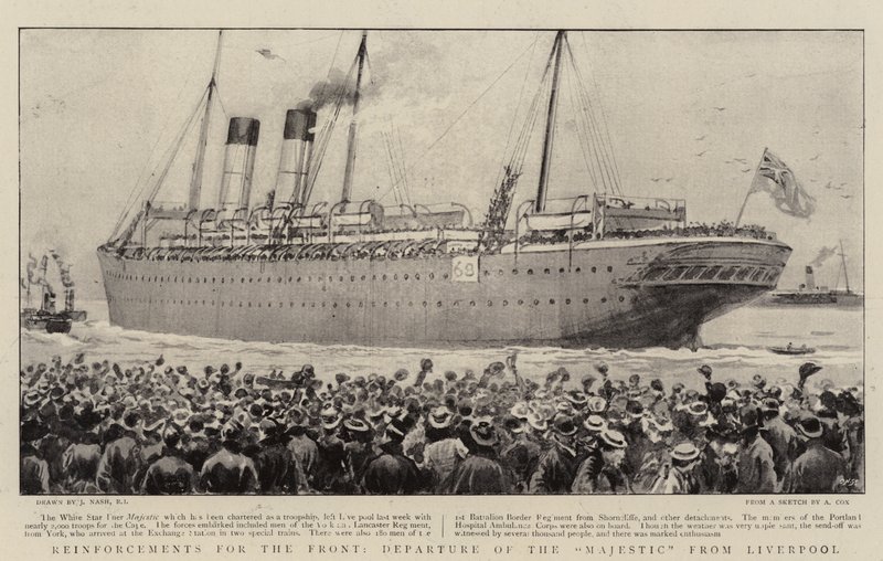 Versterkingen voor het front, vertrek van de Majestic uit Liverpool door Joseph Nash