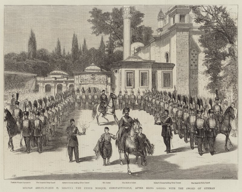 Sultan Abd-ul-Hamid II verlaat de Eyoub-moskee, Constantinopel, na te zijn omgord met het Zwaard van Othman door Joseph Nash