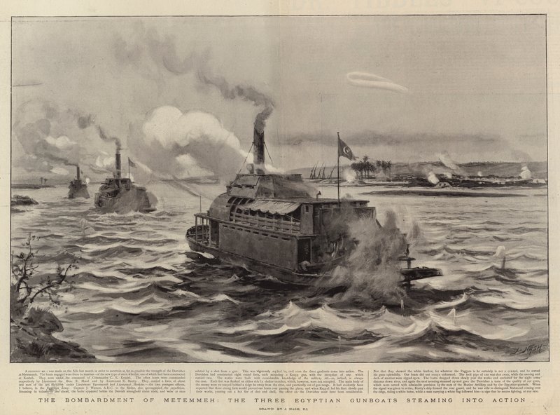Het bombardement van Metemmeh, de drie Egyptische kanonneerboten gaan in actie door Joseph Nash