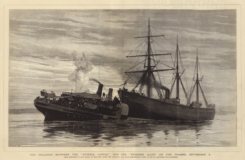 De botsing tussen de Bywell Castle en de Princess Alice op de Theems, 3 september door Joseph Nash