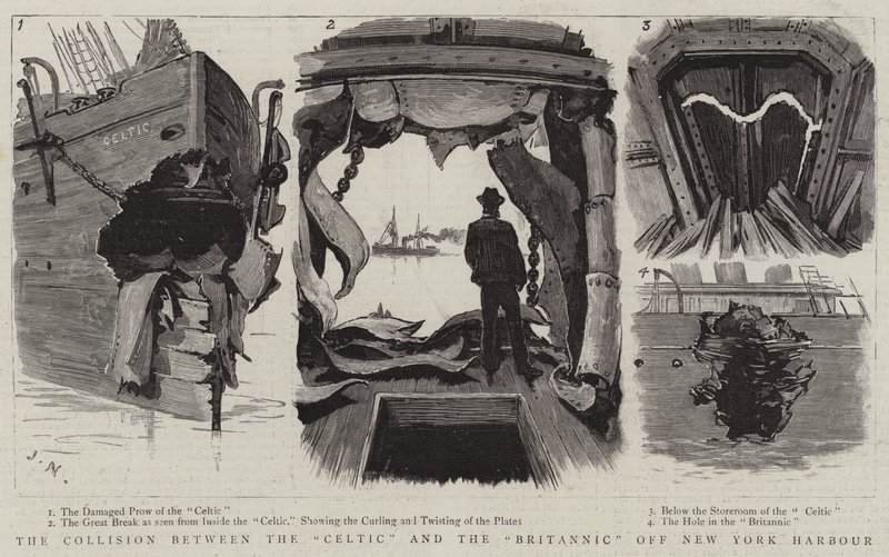 De botsing tussen de Celtic en de Britannic bij de haven van New York door Joseph Nash