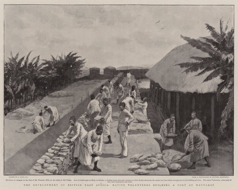 De ontwikkeling van Brits Oost-Afrika, inheemse vrijwilligers bouwen een fort in Machakos door Joseph Nash