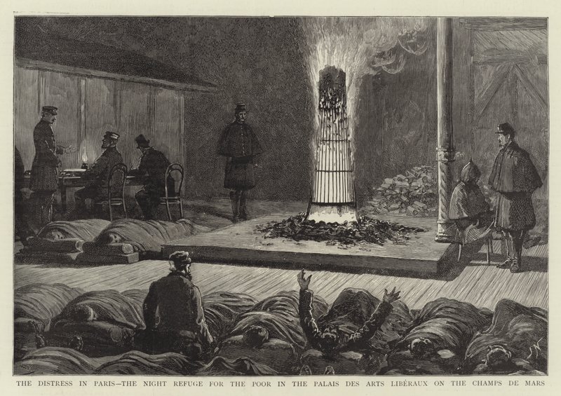 De Nood in Parijs, de Nachtopvang voor de Armen in het Palais des Arts Liberaux op het Champs de Mars door Joseph Nash