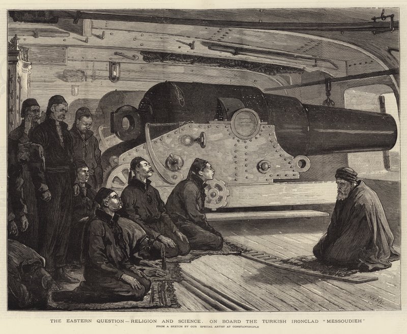 De oosterse kwestie, religie en wetenschap, aan boord van het Turkse pantserschip Messoudieh door Joseph Nash