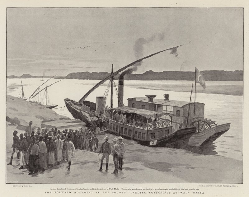 De voorwaartse beweging in Soedan, het landen van dienstplichtigen in Wady Halfa door Joseph Nash