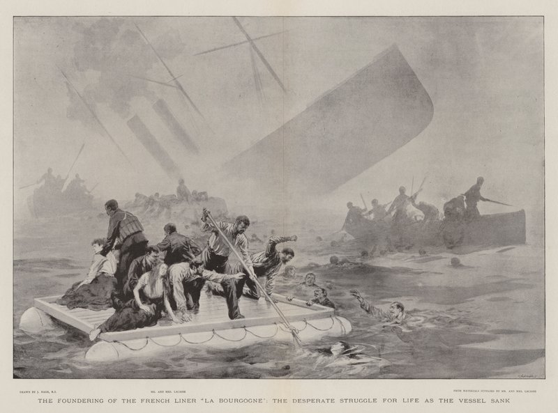 Het zinken van de Franse lijnboot La Bourgogne, de wanhopige strijd om te overleven terwijl het schip zonk door Joseph Nash