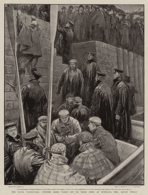 De marine-oefeningen, officieren worden naar hun schepen gebracht bij Buncrana Pier, Lough Swilly door Joseph Nash