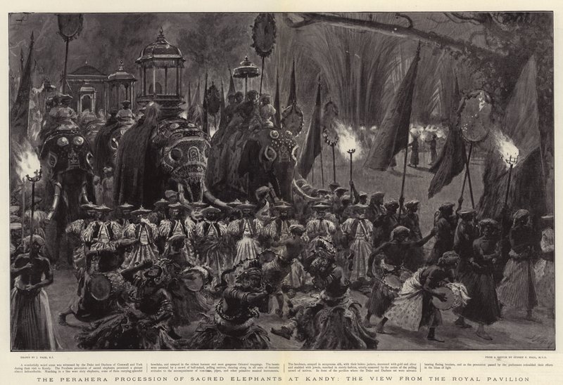 De Perahera Processie van Heilige Olifanten in Kandy, het Uitzicht vanaf het Koninklijk Paviljoen door Joseph Nash