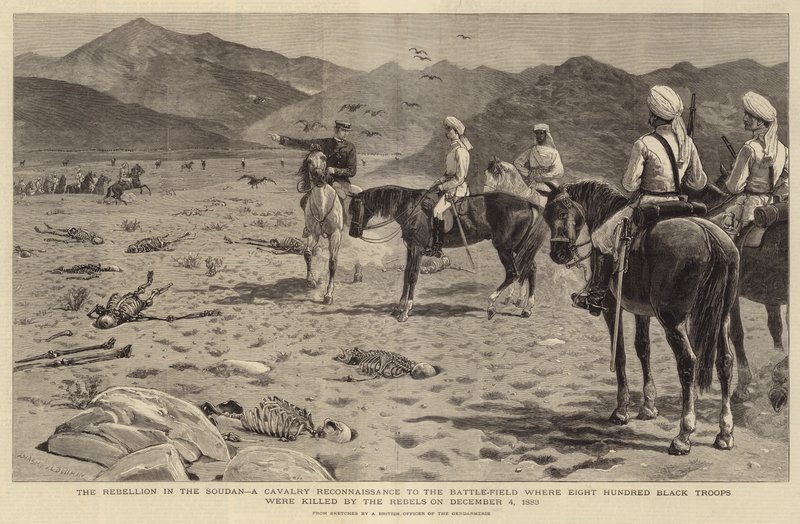 De Opstand in de Soedan, een Cavalerie Verkenning naar het Slagveld waar Acht Honderd Zwarte Troepen werden gedood door de Rebellen op 4 december 1883 door Joseph Nash