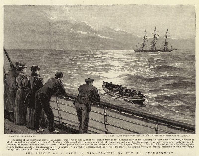 De redding van een bemanning midden op de Atlantische Oceaan door de S S Normannia door Joseph Nash