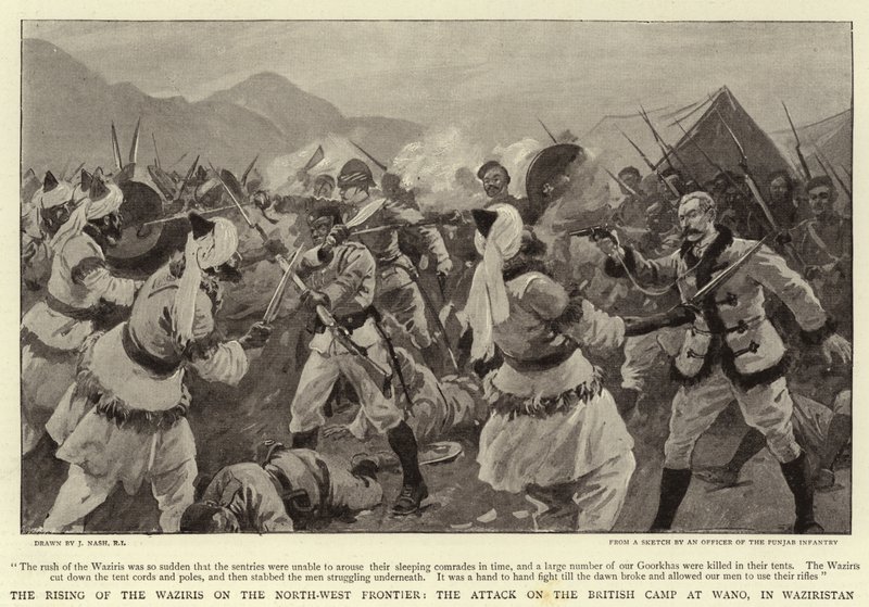 De opstand van de Waziris aan de noordwestelijke grens, de aanval op het Britse kamp in Wano, in Waziristan door Joseph Nash