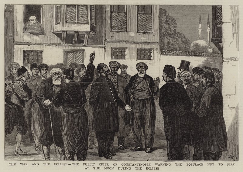 De Oorlog en de Zonsverduistering, de Openbare Omroeper van Constantinopel waarschuwt de Bevolking niet op de Maan te schieten tijdens de Verduistering door Joseph Nash
