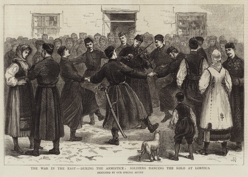 De Oorlog in het Oosten, tijdens de Wapenstilstand, Soldaten dansen de Kolo in Lornica door Joseph Nash