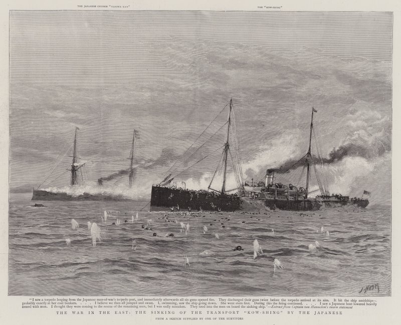 De oorlog in het Oosten, het zinken van het transportschip Kow-Shing door de Japanners door Joseph Nash