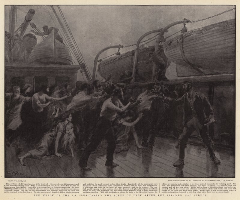 Het Wrak van de SS Lusitania, het Tafereel op het Dek na de Aanvaring door Joseph Nash