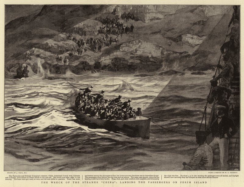 Het Wrak van de Stoomboot China, het aan land brengen van de Passagiers op Perim Eiland door Joseph Nash