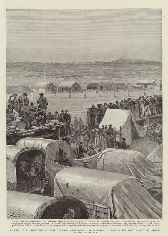 Wachten, de inwoners van Fort Victoria, Mashonaland, klaar om het fort te verdedigen tegen een aanval door de Matabeles door Joseph Nash
