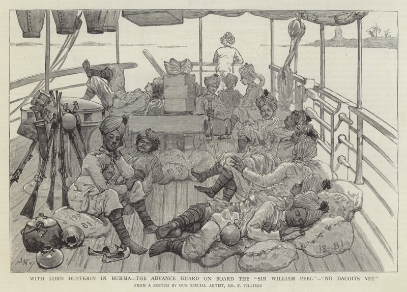 Met Lord Dufferin in Birma, de Voorhoede aan Boord van de Sir William Peel, Nog Geen Dacoits door Joseph Nash