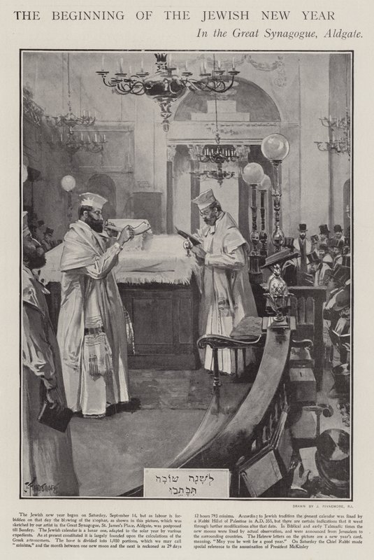 Het begin van het Joodse Nieuwjaar vieren in de Grote Synagoge, Aldgate, Londen door Joseph (after) Finnemore