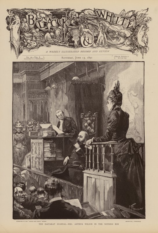 Mevrouw Arthur Wilson getuigt tijdens het proces van het Baccarat-schandaal (gravure) door Joseph (after) Finnemore