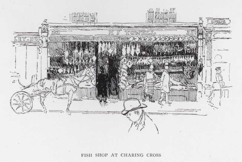 Viswinkel bij Charing Cross door Joseph (after) Pennell