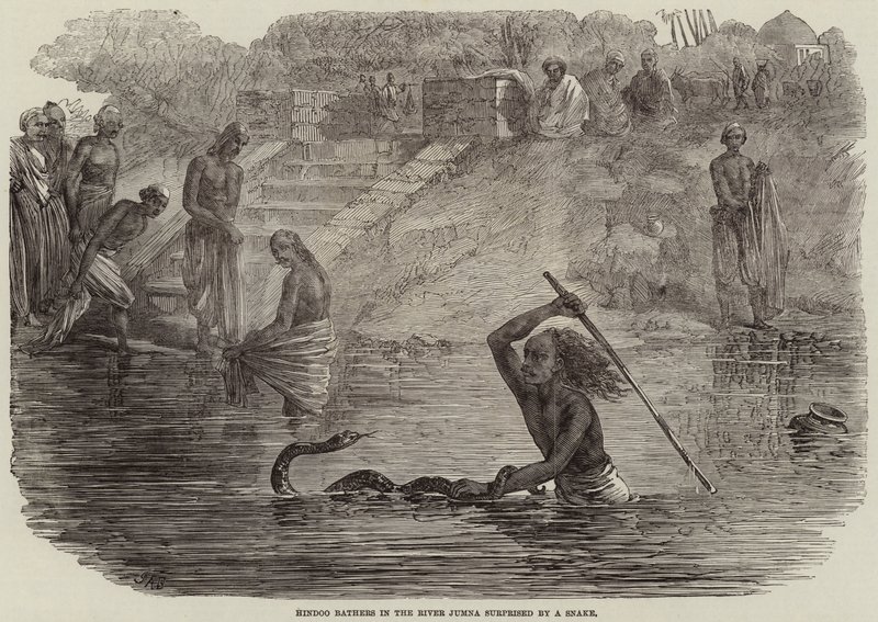 Hindoe baders in de rivier Jumna verrast door een slang door Joseph Austin Benwell