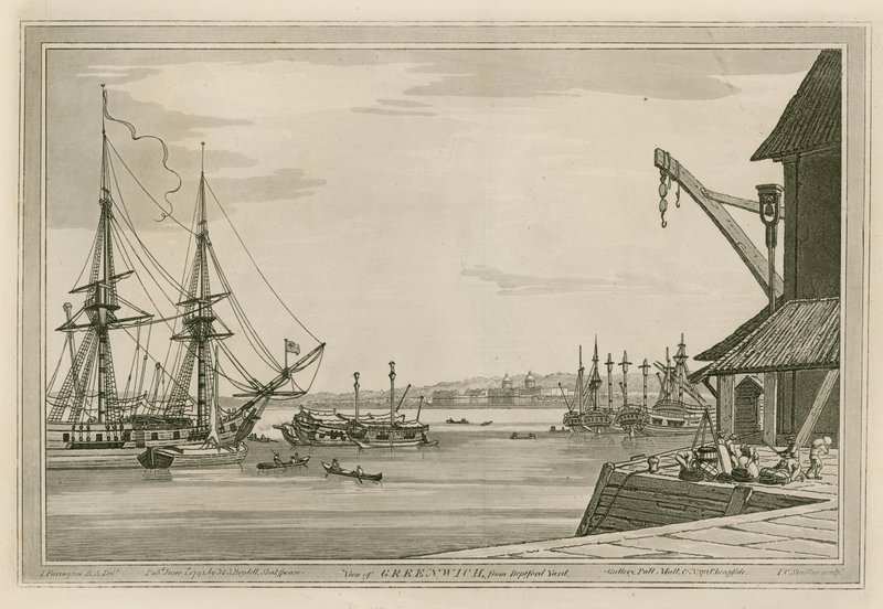 Uitzicht op Greenwich vanaf Deptford Yard door Joseph Farington