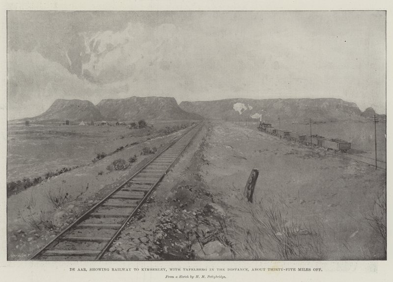 De Aar, met Spoorweg naar Kimberley, met Tafelberg in de Verte, ongeveer vijfendertig mijl verderop door Joseph Holland Tringham