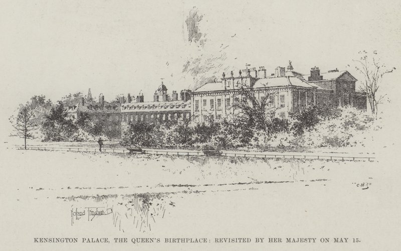 Kensington Palace, de geboorteplaats van de koningin, herbezocht door Hare Majesteit op 15 mei door Joseph Holland Tringham