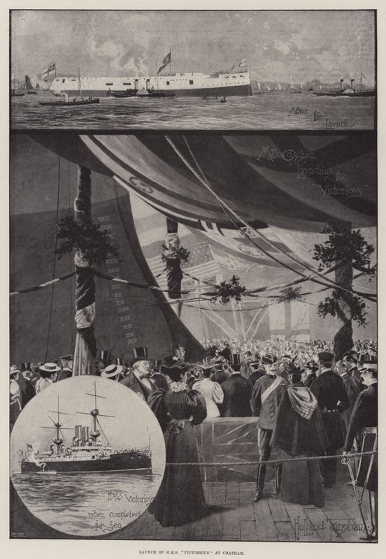 Lancering van HMS Victorious in Chatham door Joseph Holland Tringham