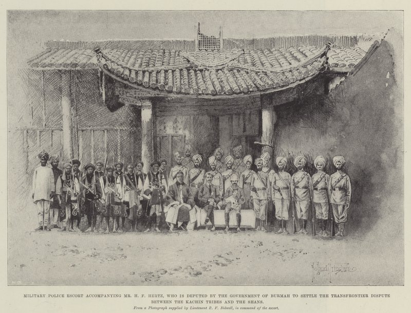 Militaire politie-escorte die Mr H F Hertz begeleidt, die door de regering van Birma is afgevaardigd om het grensgeschil tussen de Kachin-stammen en de Shans op te lossen door Joseph Holland Tringham