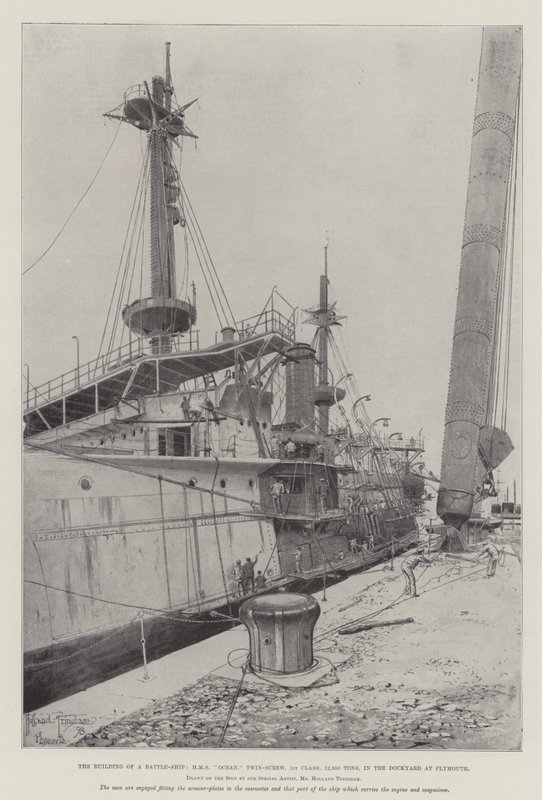 De Bouw van een Oorlogsschip, HMS Ocean, Tweeschroefs, 1e Klasse, 12.950 Ton, in de Werf in Plymouth door Joseph Holland Tringham