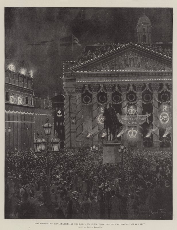 De kroningsverlichting bij de Royal Exchange, met de Bank of England aan de linkerkant door Joseph Holland Tringham