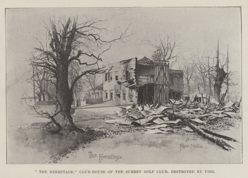 De Hermitage, Clubhuis van de Surrey Golf Club, verwoest door Brand door Joseph Holland Tringham