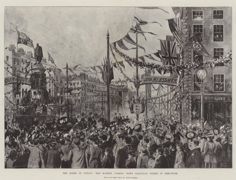 De Koningin in Dublin, Hare Majesteit passeert Sackville Street in Semi-Staat door Joseph Holland Tringham
